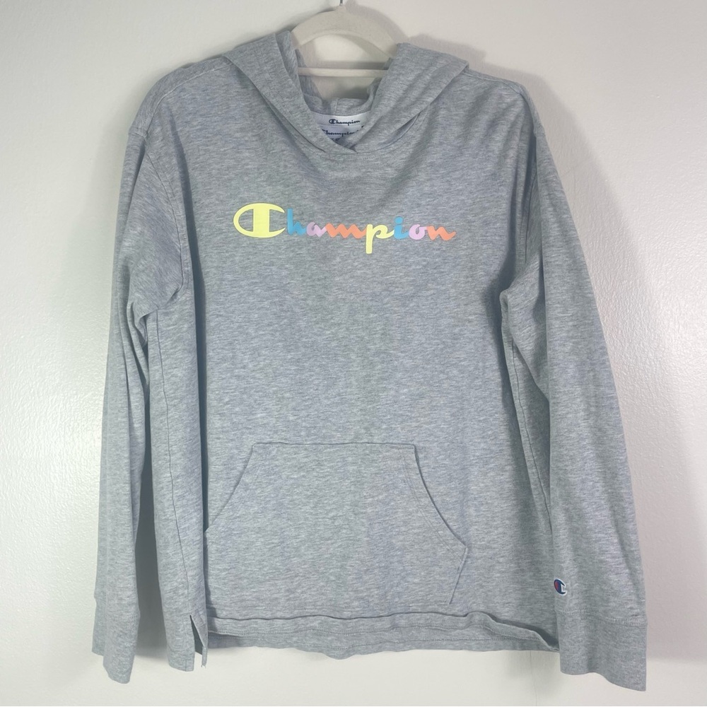 Champion Women's Middleweight Jersey Pullover Hoodie with a colorful logo
